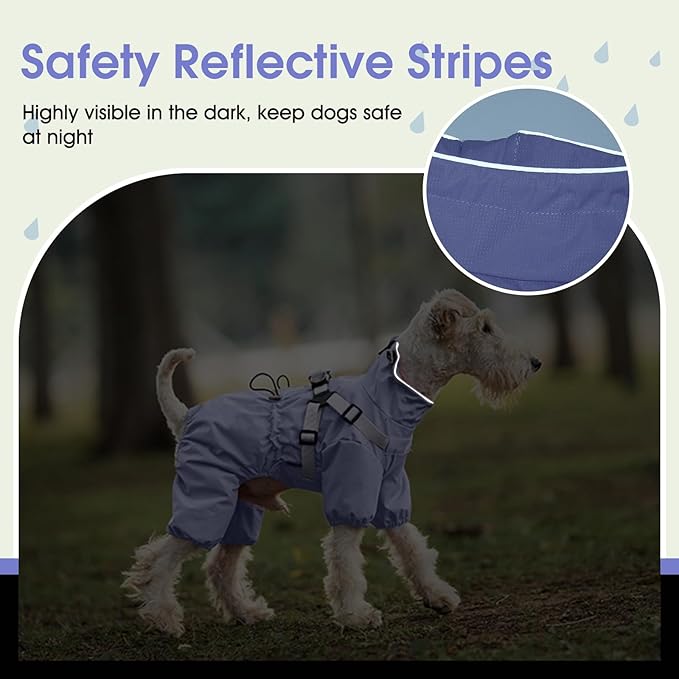BRKURLEG Dog Raincoat for Small Dogs, Small Dog Rain Jacket with Harness Built in, Waterproof 4 Legs Puppy Raincoats, Puppy Outdoor Jacket with Reflective Strip, Purple, M