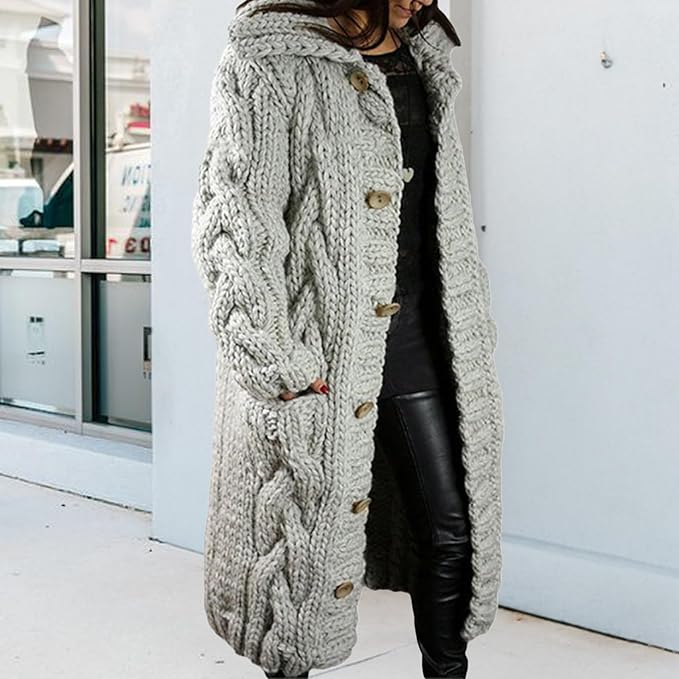 LOAIHA Women Chunky Cable Knit Long Sleeve Cardigan Fall Winter Trendy Oversized Button Down Sweaters Outerwear with Pocket
