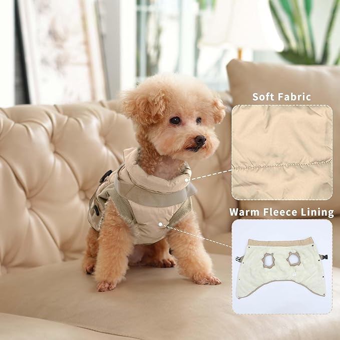 Dog Jacket with Harness,Fleece Lined Warm Puppy Coat for Winter,Soft Windproof Large Dog Vest,Khaki XXXL