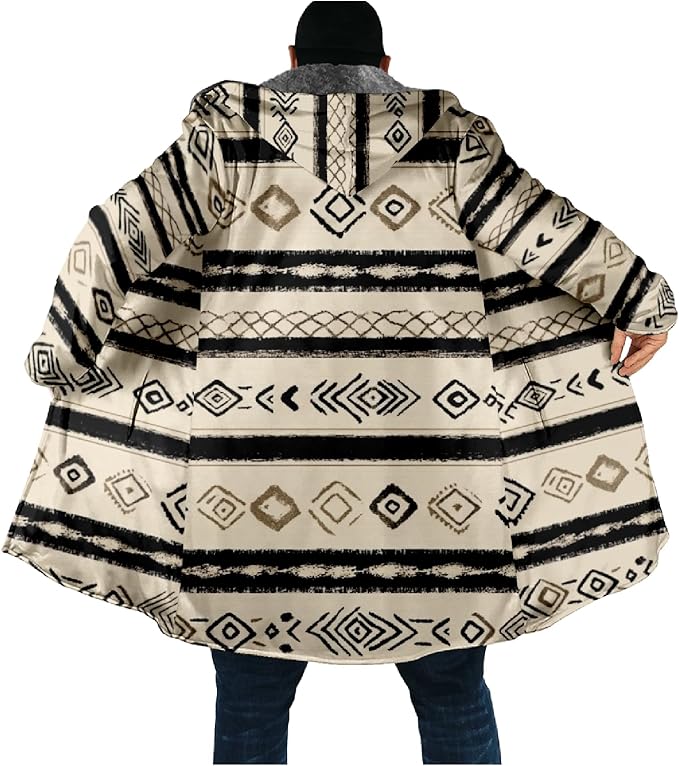 Mens Aztec Print Hoodie Heavyweight Cotton Fleece Jacket Zip Up Warm Long Sleeve Hooded Winter Midi Coat