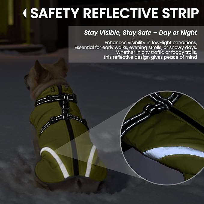 QBLEEV Warm Dog Coat for Medium Dogs, Waterproof Dog Winter Jacket with Built-in Harness & Reflective, Snowproof Warm Coat with Zip Closure, Windproof Neck Drawcord Snow Jackets, Green, L