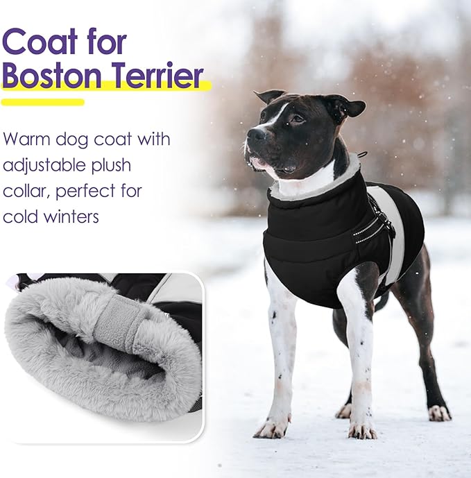 SUNFURA Dog Coat for Large Dogs, Warm Pet Jacket Winter with Harness Built in, Waterproof Pet Snow Jacket with Furry Collar, Reflective Fleece Snowsuit for Extra Large Dogs, Black XL