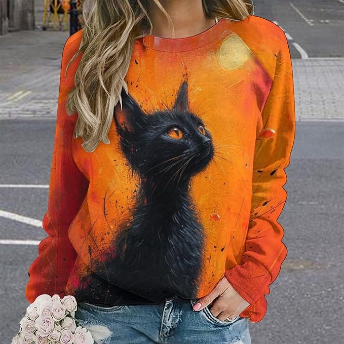 Long Sleeve Shirts for Women Cat Oil Painting Shirt 3D Graphic Sweatshirts Fall Pullover Crewneck Vintage Boho Tops