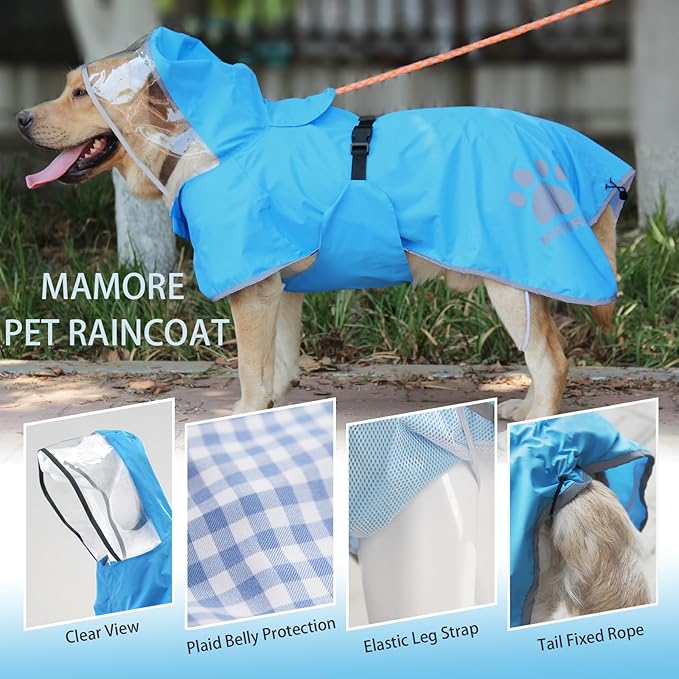 Waterproof Dog Raincoat, Reflective Adjustable Hooded Dog Rain Coat, Lightweight Breathable Pet Rain Jacket Poncho Double Layer with Leash Hole for Small Medium Large Dogs (Blue, Small)