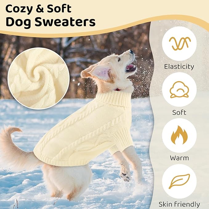 Queenmore Dog Sweater Large Size,Warm Dog Sweaters for Big Dogs,Chunky Knitted Doggy Sweater for Extra Large Dogs Boy Girl, Big Doggie Turtleneck Winter Outfit (White,2XL)