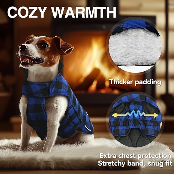 VIVAGLORY Softjoy Dog Coat, Dog Jacket for Winter & Christmas, Coat with Harness Hole & Velcro Closure, Reversible Plaid Checkered Warm Fluffy Heavy Duty for Puppy, XL, Sapphire Blue Plaid