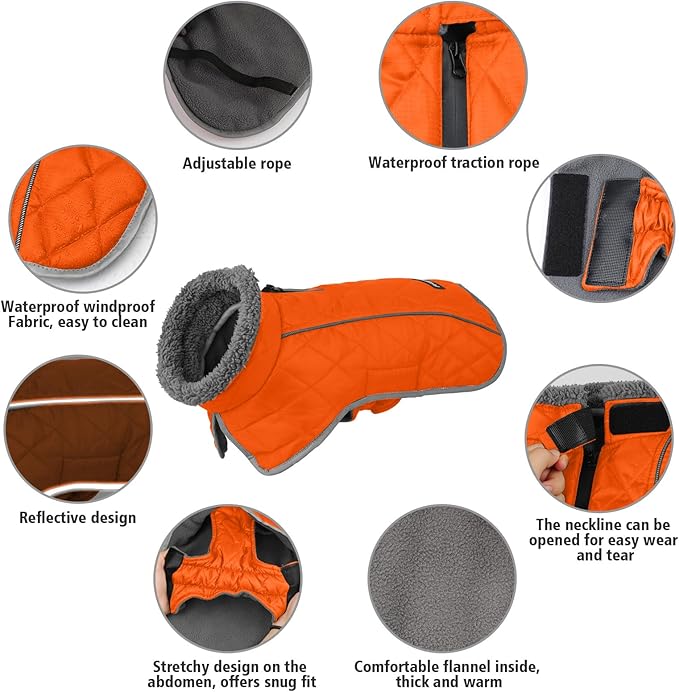 Fragralley Dog Coat Medium, Waterproof Dog Jacket with Warm Fleece Lining, Adjustable Reflective Dogs Winter Coat, Turtleneck Pet Coats for Cold Weather (Orange M)