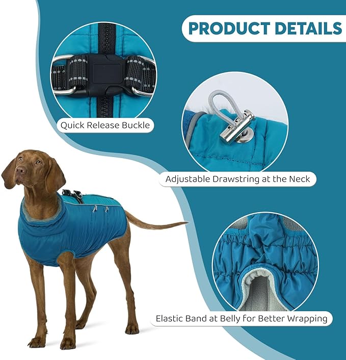 IDOMIK Warm Dog Coat with Harness, Waterproof Reflective Dog Jackets for Small Medium Large Dogs, Fleece High Collar Winter Jacket with Zipper, Pet Winter Snowsuit Clothes for Cold Weather,Blue L