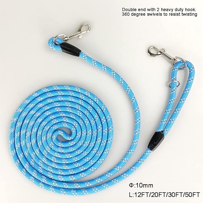 CodepetsLong Rope Dog Leash for Dog Training 12FT 20FT 30FT 50FT, Reflective Threads Dog Cat Leashes Tie-Out Check Cord Recall Training Agility Lead for Large Medium Small Dogs (Blue, 10mm*12ft)