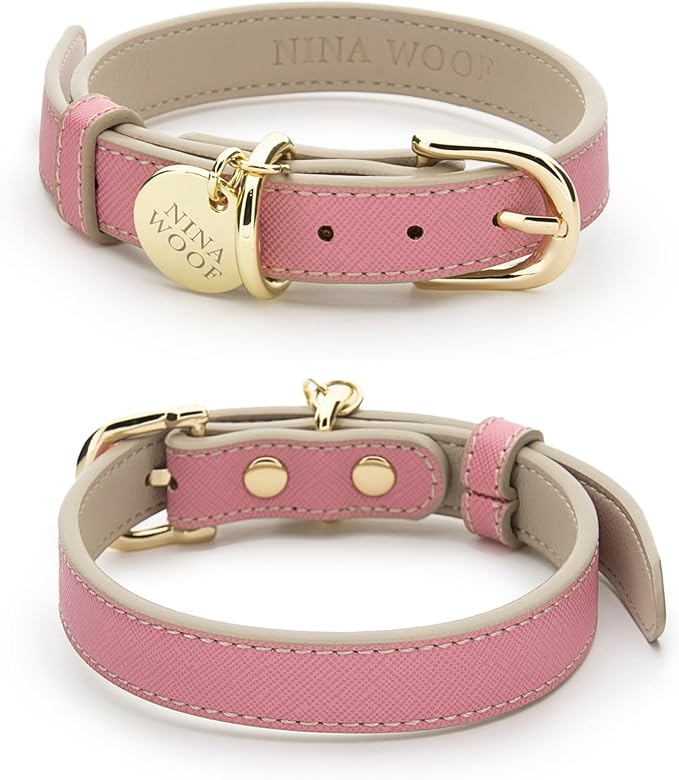 NINA WOOF Rio Vegan Leather Dog Collar - Padded Luxury Dog Collar with Adjustable Buckle - Collar for Dogs, Small Dogs and Large Dogs (Small, Pink)