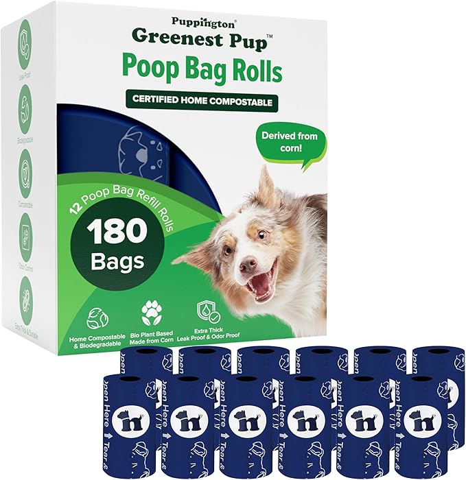 Puppington Certified Home Compostable Poop Bags - ASTM D6400 Compliant - 180 Extra Thick Bags - Plant Based - Pairs with Puppington 3-in-1 Bag & Fits all Standard Poop Bag Dispensers (Navy Blue)