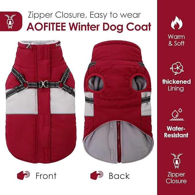 AOFITEE Small Dog Coat, Dog Winter Coat with Harness Built in, Warm Dogs Jacket with Zipper & Polar Fleece Collar, Waterproof Pet Snow Jacket Snowsuit for Schnauzer, Chihuahua Yorkshire, S