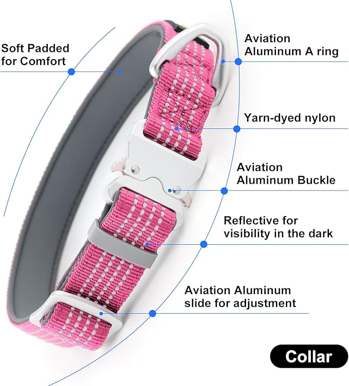 Plutus Pet Reflective Dog Collar with Aviation Aluminum Buckle, Neoprene Padded for Comfort, Lightweight, Heavy Duty Nylon Collar for Puppy Small Medium Large Dogs (Pink, XL)