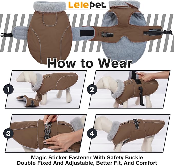 Lelepet Warm Dog Coats for Small Dogs Waterproof Dog Jacket Reflective Pet Fleece Vest Windproof Cold Weather Coats with Adjustable Buckle & Leash Hole, Turtleneck Doggy Snowsuit, Brown, S