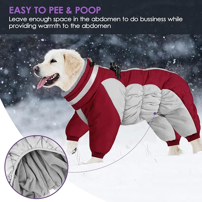 SUNFURA Full Body Dog Coat - Warm Fleece Jacket for Medium Dogs, Turtleneck Winter Coats with Harness, Reflective Dog Snowsuit Windproof Puffer Jackets with Legs for Boston Terrier, Burgundy M