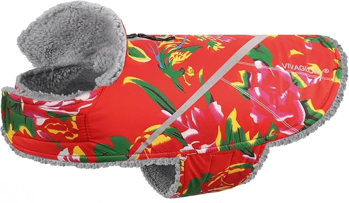 VIVAGLORY Snowrap Dog Coat, Jacket with Harness Hole & Velcro Closure, Dog Coat for Winter & Cold Weather, Fluffy Warm Fleece Lined Reflective Water Resistant for Puppy, M, Northeast Florals-Red