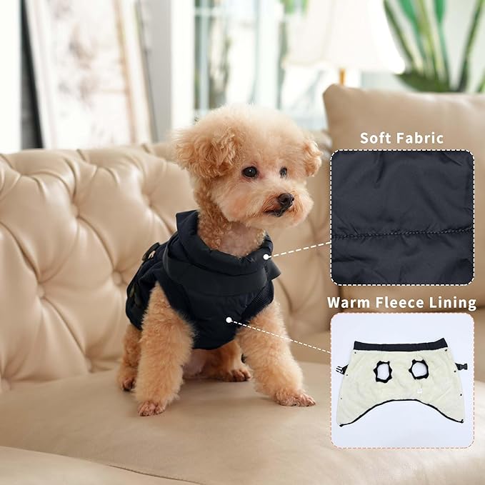 Dog Jacket with Harness,Fleece Lined Warm Puppy Coat for Winter,Soft Windproof Large Dog Vest,Black XXXL