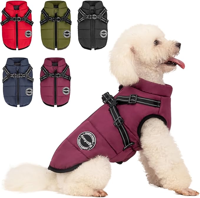 Dog Winter Coat, Warm Jacket Reflective Adjustable Fleece Vest with Harness, Waterproof Windproof Snow Jacket for Small Medium Dogs, Purple XS