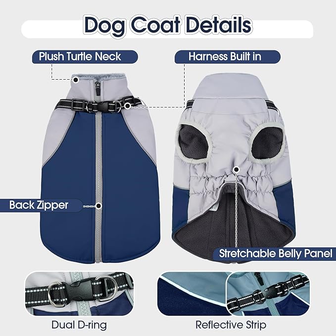 DENTRUN Dog Coat with Harness Built in, Easy On/Off Zipper Closure Winter Dog Vest, Water-Repellent Fleece Lined Warm Jacket with Reflective for Small Dogs, Dark Blue, S