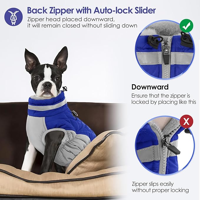 AOFITEE Dog Coat, Warm Winter Jacket for Medium Dogs, Reflective Turtleneck With Built-in Harness, Waterproof Windproof Pet Fleece Vest Puffer, Blue M