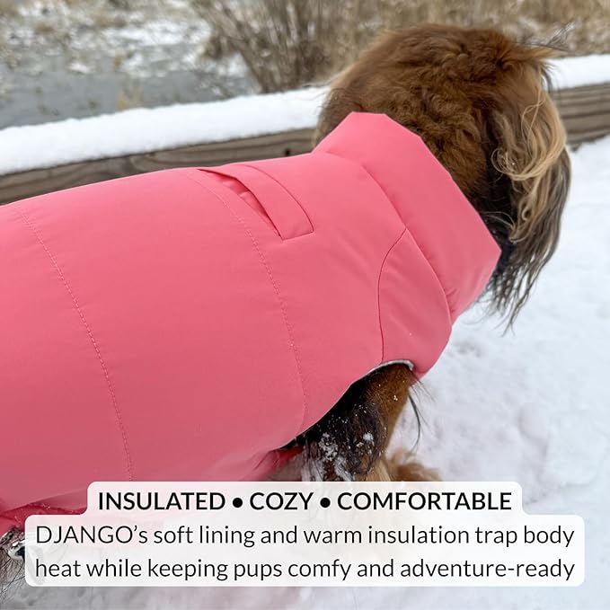 DJANGO Puffer Dog Coat – Warm Winter Dog Jacket & Water-Repellent Insulated Puffer Vest with Striped Lining, Harness Hole, Adjustable Fit for Small & Medium Dogs, Dachshunds – Rose Petal Pink, Medium