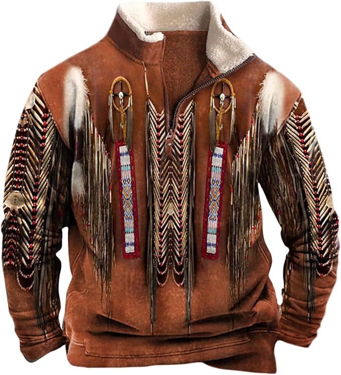 HOTYD Western Jackets for Men Cowboy Sweatshirts Vintage Ethnic Graphic Casual Long Sleeve Top 1/4 Zip Pullover Hoodies