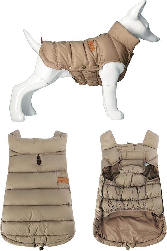 SPACE LION Dog Puffer Jacket, Down Winter Coat, Durable Outdoor Coat for Cold and Windy Conditions, Waterproof, Lightweight Jacket, Adjustable Fit for Small, Medium, Large Dogs(Khaki,28/4XL)