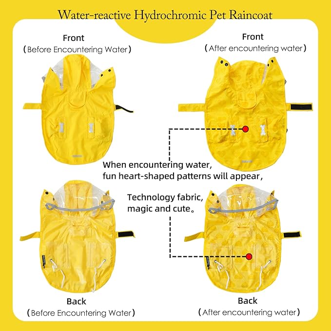 Dog Raincoat,Waterproof Rain Poncho with Hoodie, High Reflective Adjustable Pet Rain Jacket with Leash Hole for Small Medium and Large Dogs (Yellow(Water-Reactive Hydrochromic), Medium: 13-22lbs)