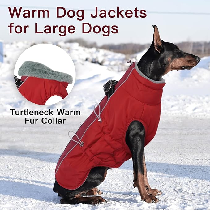 Dog Winter Jacket - XX Large, Warm Zip Up Snowsuit Dog Harness Vest, Reflective, Water-Resistant, Red