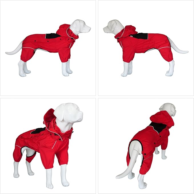 LOVELONGLONG Fleece-Lined Dog Raincoat with Removable Hood – Waterproof Winter Full Body Dog Jacket – Windproof Snowproof Cold-Weather Suit – Red-F XL