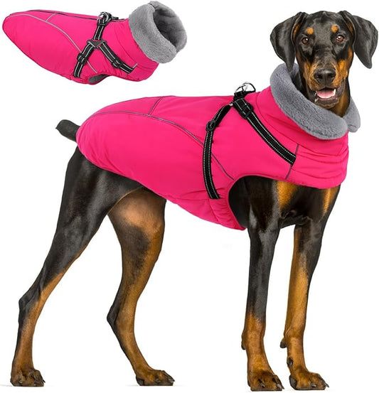 Queenmore Large Dog Coat,Dog Jacket for Extra Large Dogs with Harness Built in,Reflective Waterproof Dogs Jackets with Fleece Lining,Warm Snowsuit Pet Coats for Doberman,Labrador,Rosered,XXL
