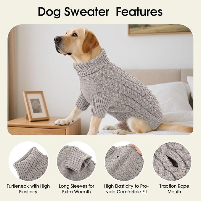SAWMONG Dog Sweater, Dog Sweaters for Small Dogs Girls Boys, Pullover Turtleneck Knitted Doggy Sweatshirt, Cold Weather Pet Clothes（Grey, X-Small