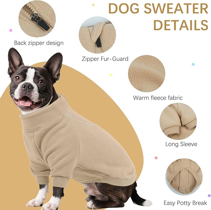 BRKURLEG Dog Sweater, Turtleneck Thick Dogs Sweatshirts Fleece Sweater, Dog Winter Coat for Small Medium Large Dogs, Pet Warm Sweaters with Zipper, Pullover Jacket with Sleeve (Light Coffee, XL)