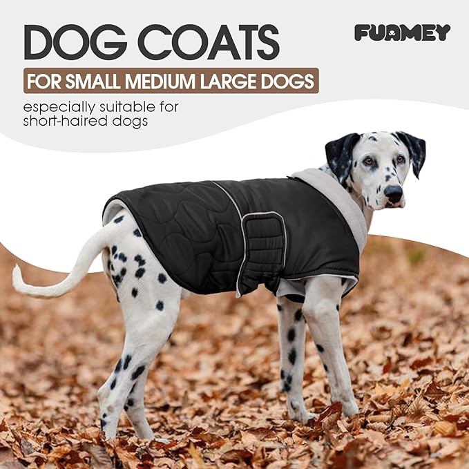 FUAMEY Extra Large Warm Dog Coat Waterproof, Adjustable Sherpa Jackets for Dogs Sow Outdoor, Turtleneck Doggy Vest with Fleece Lined, Thermal Pet Winter Outfits (Black, XL)