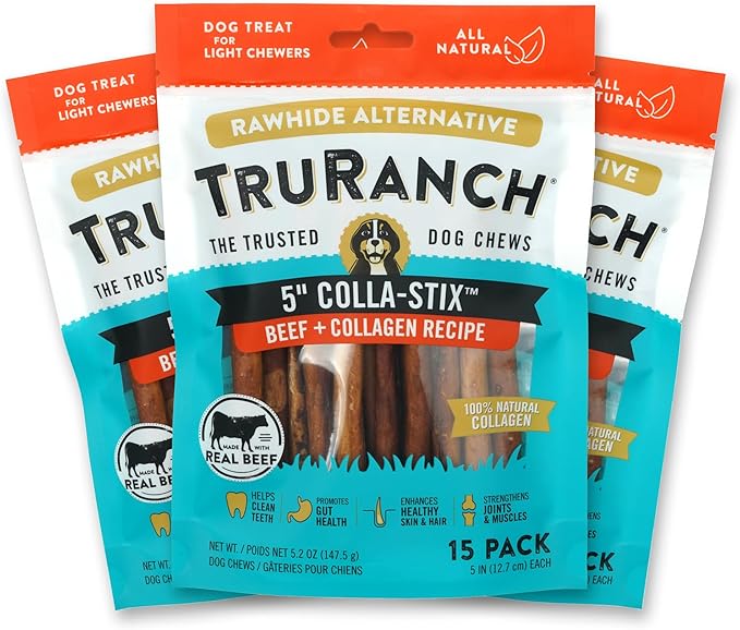 TRURANCH Collagen Sticks - 5" Collagen Sticks for Dogs - Long Lasting Healthy Joint Support - Rawhide Alternative - Skin & Coat Health - Made with Real Beef, Value Pack, 3 Bags, 45 Count