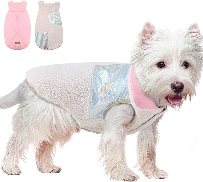 EMUST Warm Dog Jacket, Cozy Dog Fleece Coat with Leash Hole, Waterproof Reversible Winter Sweater Coats for Small Dogs, Cream, XS
