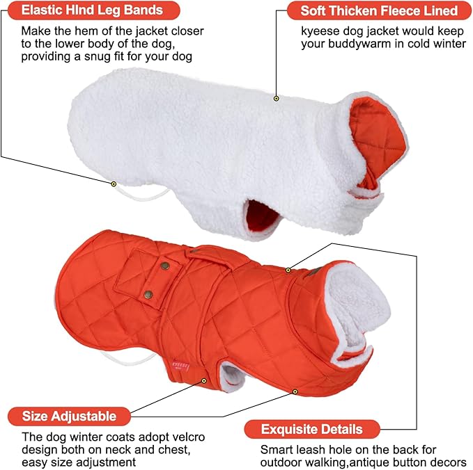 KYEESE Dog Coat Waterproof Dogs Jacket with Fleece Lined Thick Cat Clothes with Pocket Warm Pet Winter Puffer Coat with Leash Hole Soft Pet Sweater for Cold Weather Windproof Dog Coats for Small Dogs