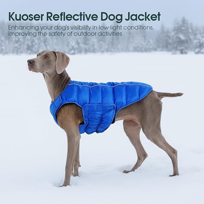 Kuoser Dog Puffer Jacket Warm Dog Coat for Small Medium Dogs, Windproof Reflective Pet Padded Vest Cold Weather Clothes Puppy Snowsuit with Hook & Loop Coats, Easy On/Off, Blue M