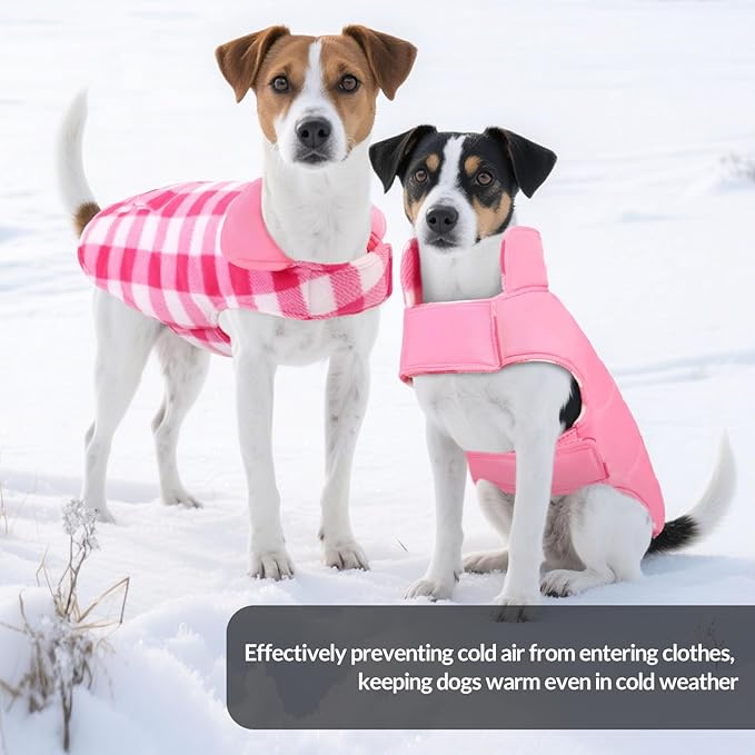 ASENKU Dog Winter Coat, Fleece Doggie Jacket Plaid Reversible Vest Waterproof Windproof Cold Weather Clothes for Small Medium Large Dogs (M, Pink)