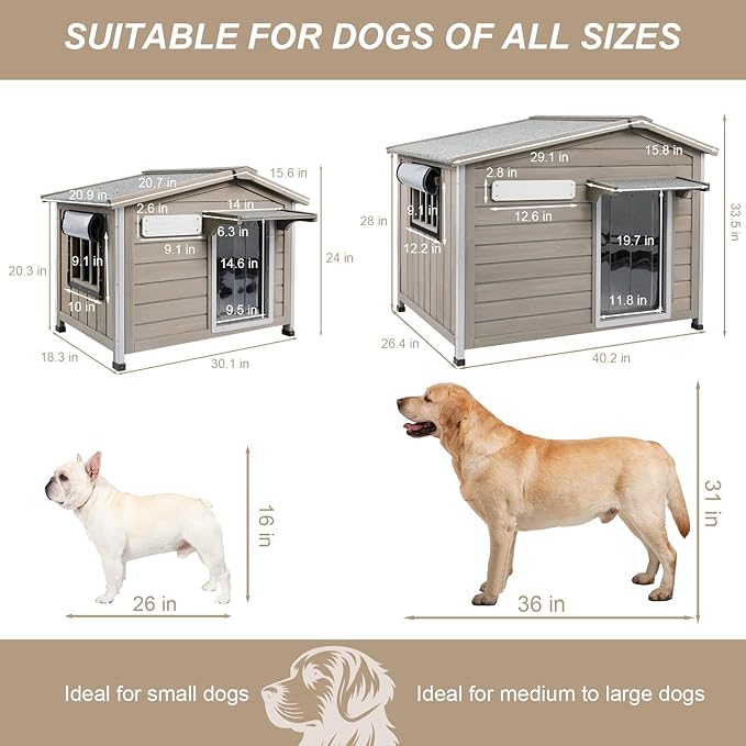 Outdoor Dog House with Reinforced Iron Frame, Wooden Kennel with Weather-Resistant Roof, Removable Floor, Vent Window & Easy Assembly, for Medium & Large Dogs, 40" L x 26" W x 33.5" H