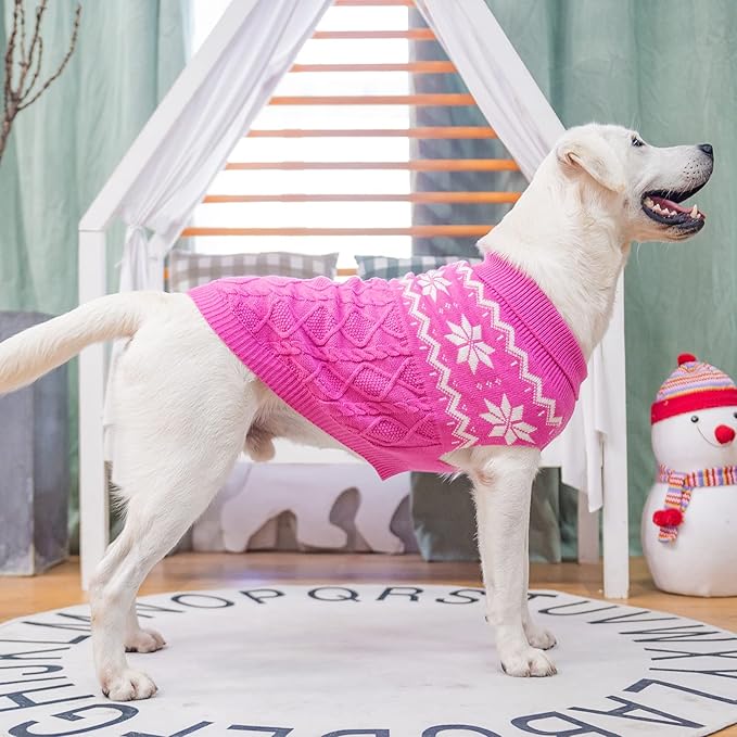 Warm Winter Pink Dog Sweater - Female Cold Weather Pet Clothes for Small Medium Large Dogs Girl Indoor Outdoor, Soft Classic Knit Puppy Apparel Coat