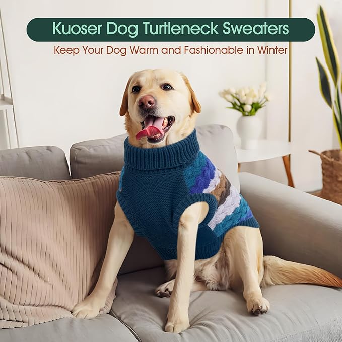 Kuoser Dog Sweater, Pet Cable Knitted Pullover Puppy Warm Clothes, Doggy Turtleneck Classic Knitwear Soft Thickening Doggie Outfit, Cold Weather Thermal Wear for Large Size Dogs, Blue 2XL