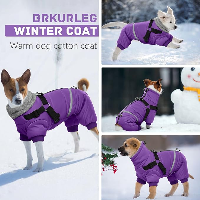 BRKURLEG Purple Dog Coat with Harness, Dog Winter Jacket, Dogs Onesie Body Warm Jackets, Small Dogs Winter Coats Reflective Windproof Warm Cold Weather Coats, Pet Waterproof Jackets, M