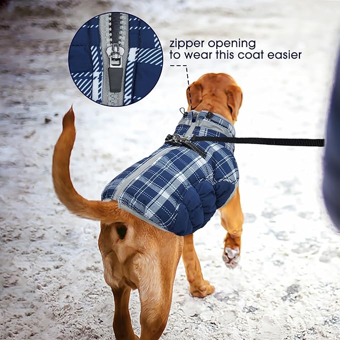 FUAMEY Dog Coat for Medium Dogs,Waterproof Dog Winter Jacket with Harness Built in Puppy Cold Weather Coats Reflective Pet Vest with Zipper Warm Fleece Dogs Snowsuit Windproof Blue Plaid M