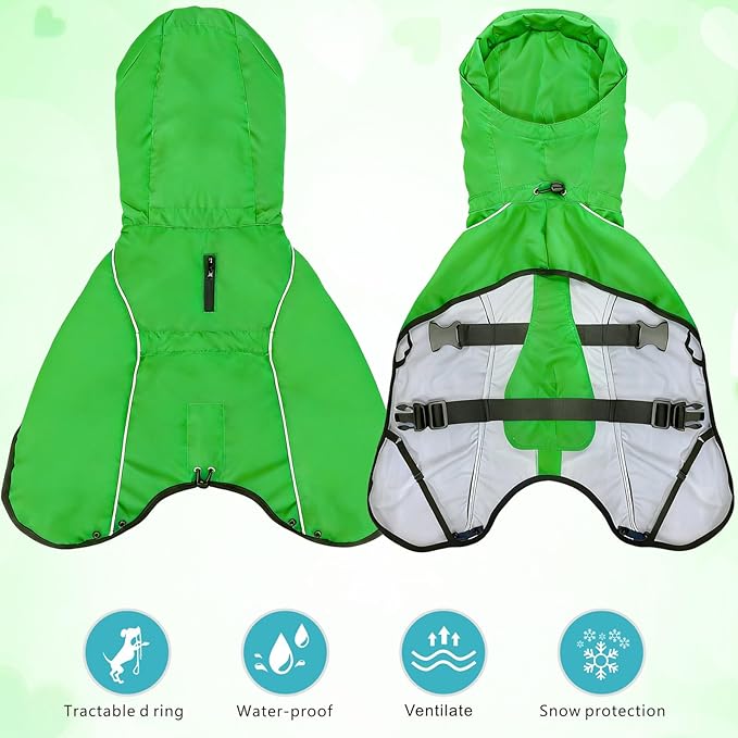 Mosucoirl Dog Raincoat Jacket Reflective Adjustable Hooded Pet Poncho Rain Coats with Leash Hole Waterproof Clothes for Small Medium Large Dogs (Green, XXL)