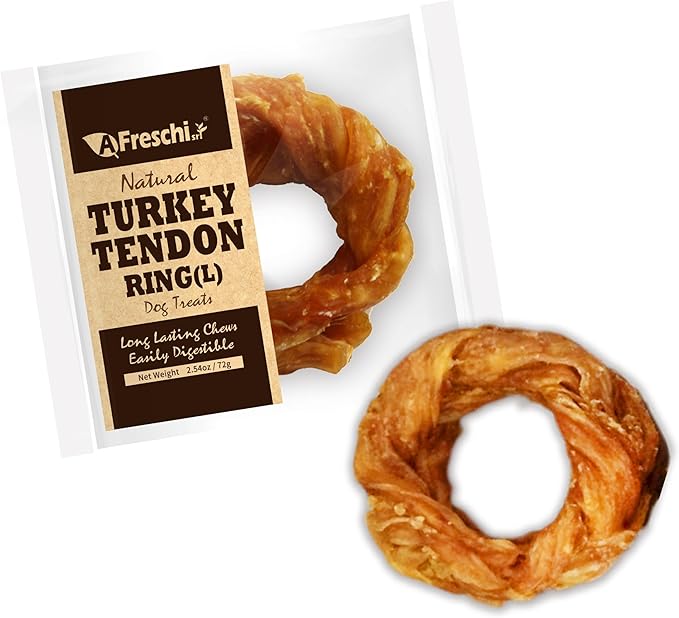 AFreschi Turkey Tendons for Dogs, USA-Sourced, Healthy Dog Treats, Rawhide-Free Puppy Chews, Long Lasting, All Natural, Hypoallergenic Dog Treats for Large Breeds, 1 Count Pack Ring (L)