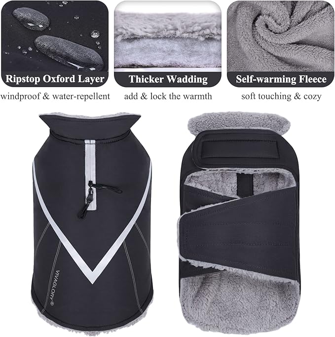 VIVAGLORY Snowrap Dog Coat, Jacket with Harness Hole & Velcro Closure, Dog Coat for Winter & Cold Weather, Fluffy Warm Fleece Lined Reflective Water Resistant for Puppy, L, Black