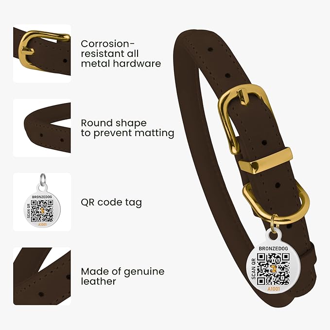 BronzeDog Rolled Leather Dog Collar with QR ID Tag, Adjustable Soft Round Collars for Small Medium Large Dogs Puppy (16" - 19" Neck Size, Brown)
