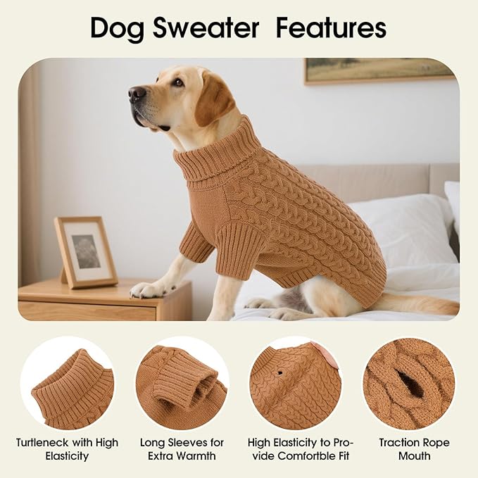 SAWMONG Dog Sweater, Dog Sweaters for Large Dogs Girls Boys, Pullover Turtleneck Knitted Doggy Sweatshirt, Cold Weather Pet Clothes（Khaki, 2X-Large