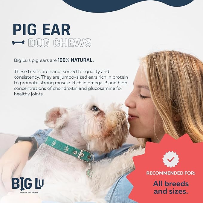 Big Lu – Pig Ear Dog Chews, 30 Count, All-Natural Single-Ingredient Pork Treats, Easily Digestible, Supports Joint Health with Glucosamine and Chondroitin